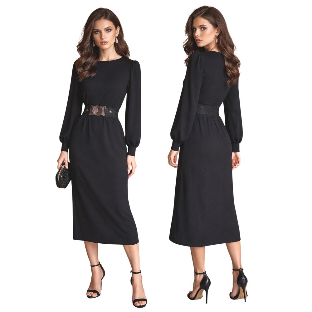 Vintage‎ Albert Nipon Silk Black Long Sleeve Midi Dress Chevron Pattern Women's
